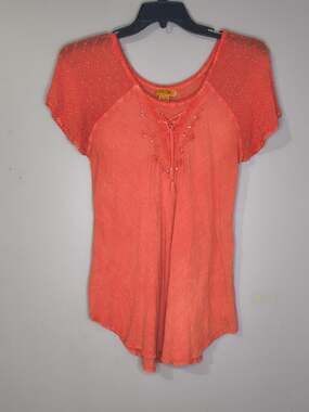 Sakkas 150366 - Embroidered Cap Sleeve Blouse Orange Washout One Size Plus Size
